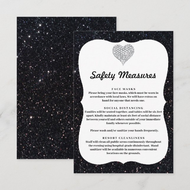 Black Glitter Diamond Heart Safety Measures Enclosure Card (Front/Back)