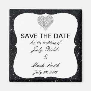 Black Glitter Diamond Heart Save The Date Magnet