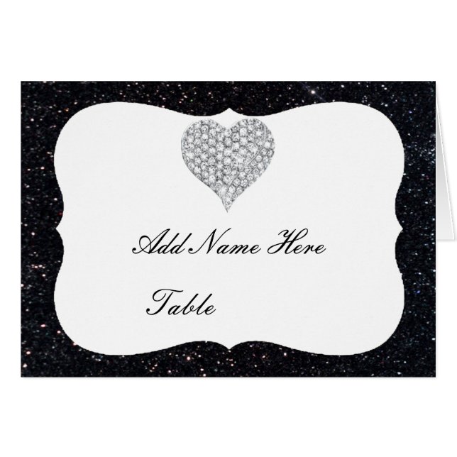 Black Glitter Diamond Heart Table Place Card (Front Horizontal)