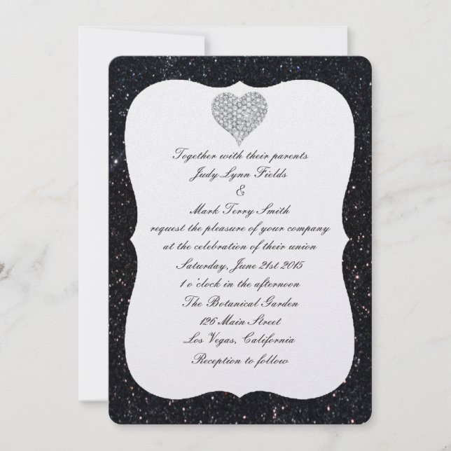 Black Glitter Diamond Heart Wedding Invitation (Front)