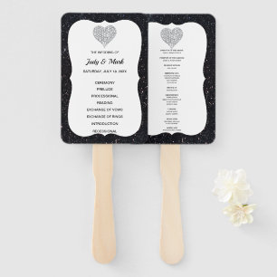 Black Glitter Diamond Heart Wedding Program Fans
