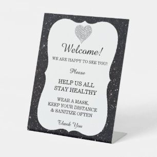 Black Glitter Diamond Heart Wedding Safety Pedestal Sign