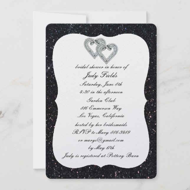 Black Glitter Diamond Hearts Bridal Shower Invite (Front)