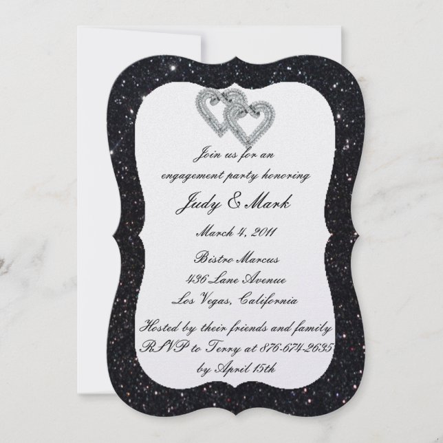 Black Glitter Diamond Hearts Engagement Party Invitation (Front)