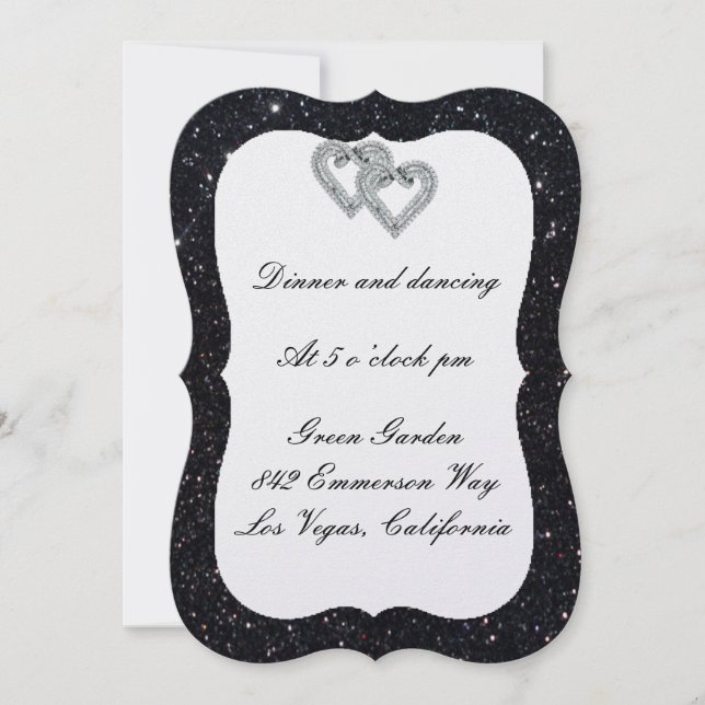 Black Glitter Diamond Hearts Reception Card (Front)