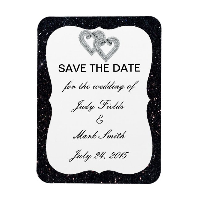 Black Glitter Diamond Hearts Save The Date Magnet (Vertical)