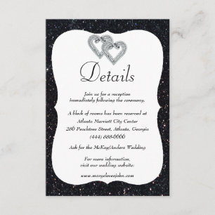 Black Glitter Diamond Hearts Wedding Details Enclosure Card