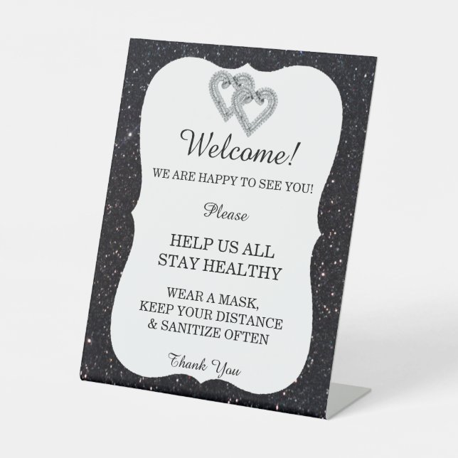 Black Glitter Diamond Hearts Wedding Safety Pedestal Sign (Front)