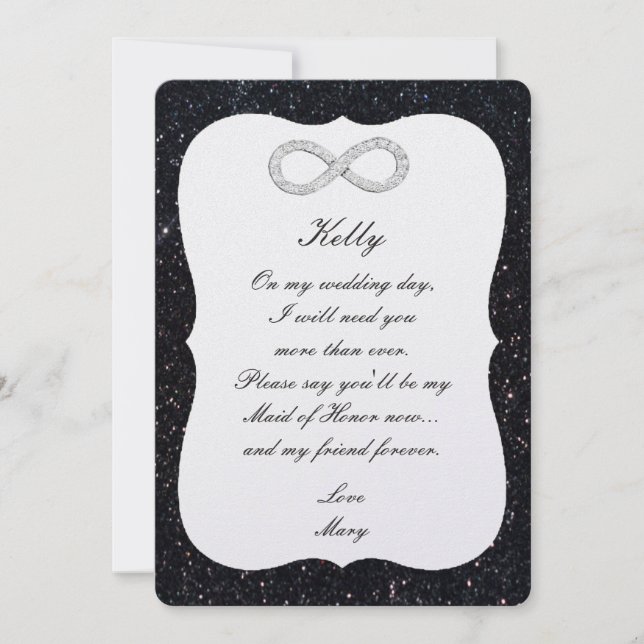 Black Glitter Diamond Infinity Maid Of Honour Card (Front)