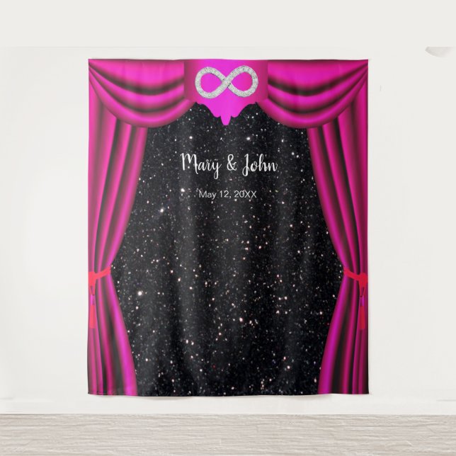 Black Glitter Diamond Infinity Pink Curtain Tapestry (Front)