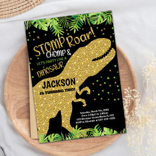 Black Glitter Dinosaur Birthday Invitations