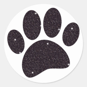Black Glitter Dog Pawprint Classic Round Sticker