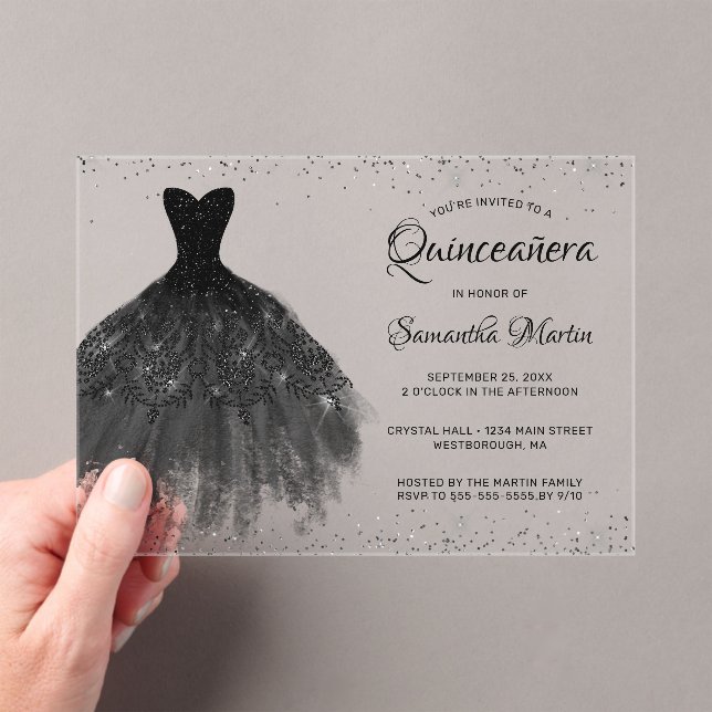 Black  Glitter Dress Script Quinceañera Party Acrylic Invitations (Insitu (Handheld))