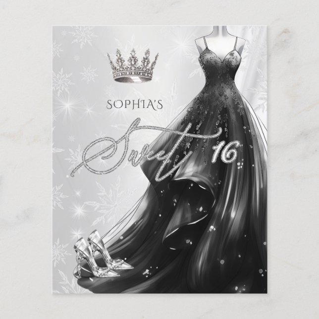 Black Glitter Dress Snowflakes Sweet 16 Invitation (Front)