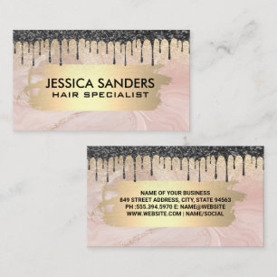 Black Glitter Drip   Pink Marble Gold Metal Business Card