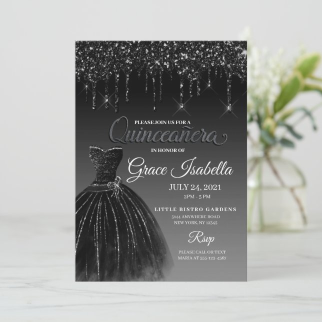 Black Glitter Drip Quinceanera Birthday Invitation (Standing Front)