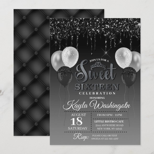 Black Glitter Drip Sweet Sixteen Birthday  Invitation (Front/Back)