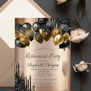 Black Glitter Drips Balloons Glass Retirement Invitation