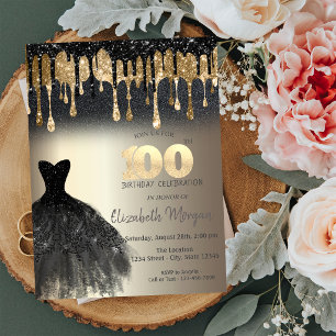 Black Glitter Drips Black Dress Gold 100th Invitation