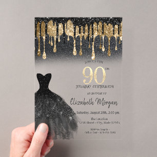 Black Glitter Drips Black Dress Gold 90th Birthday Acrylic Invitations