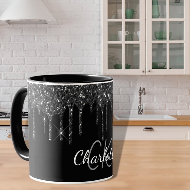 Black glitter drips monogram initials luxury mug (Creator Uploaded)
