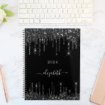 Black glitter drips monogram name script 2024 planner<br><div class="desc">A classic black background decorated with faux glitter drips. Personalise and add a year and a name. The name is written with modern hand lettered style script with swashes. To keep the swashes only delete the sample name, leave the spaces or emoji's in front and after the name. Perfect for...</div>