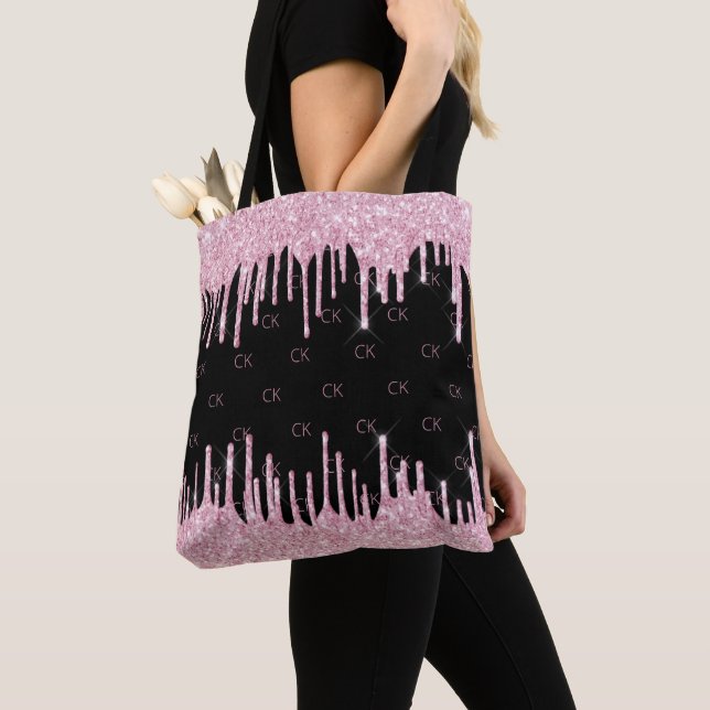Black glitter drips pink monogram glamourous tote bag (Close Up)