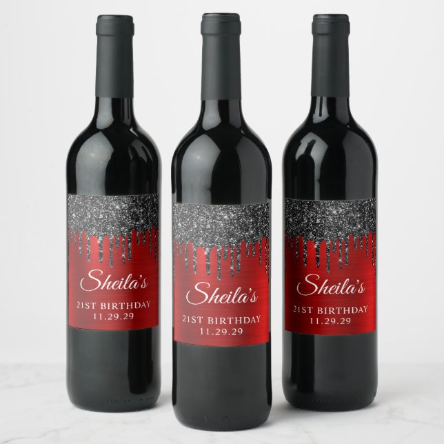 Black Glitter Drips Red 21st Birthday Wine Label (Bottles)