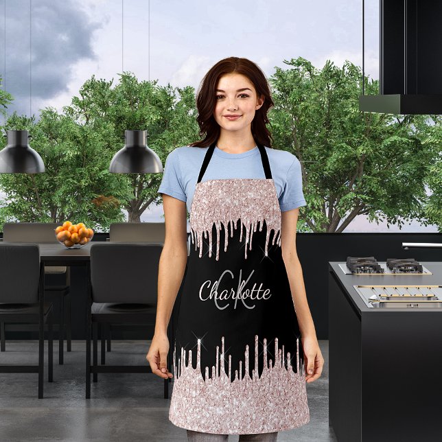 Black glitter drips rose gold girly monogram name  apron (Creator Uploaded)