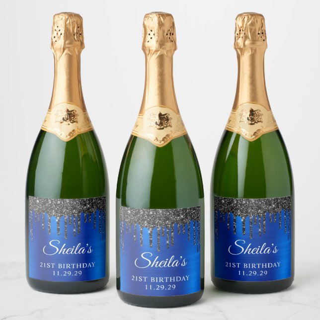 Black Glitter Drips Royal Blue Glam 21st Birthday Sparkling Wine Label (Bottles)