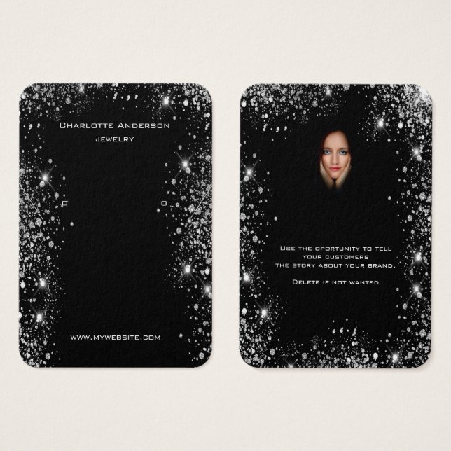 Black glitter earrings jewellery photo display car (Front & Back)