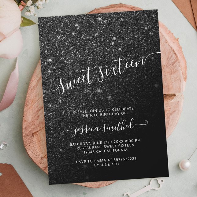 black glitter elegant chic typography Sweet 16 Invitation (Creator Uploaded)