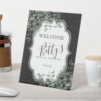 Black Glitter & Eucalyptus Bridal Shower  Pedestal Sign