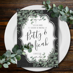 Black Glitter & Eucalyptus Wedding  Invitation