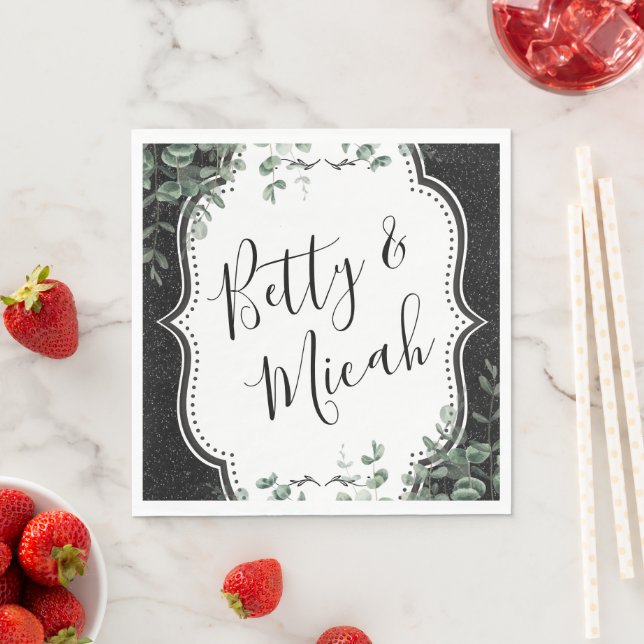 Black Glitter & Eucalyptus Wedding  Napkins (Insitu)
