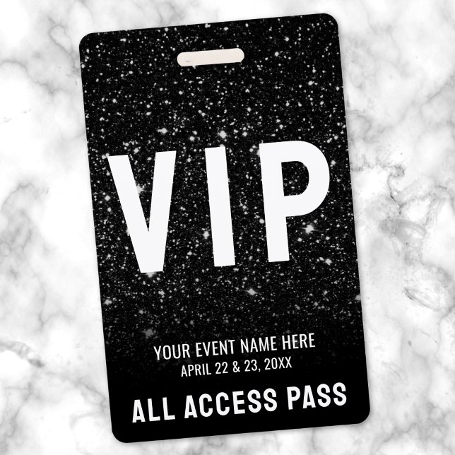 Black Glitter Event VIP Pass ID Badge (All Access Pass Black White Event VIP Badge)