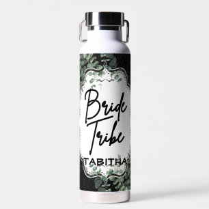 Black Glitter & Floral Eucalyptus "Bride Tribe"  Water Bottle