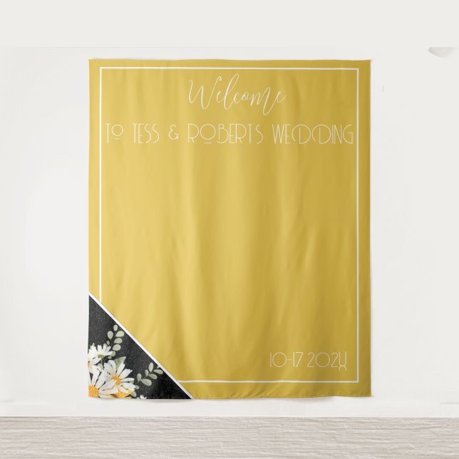 Black Glitter floral & Mustard Yellow Backdrop Tapestry (Front)