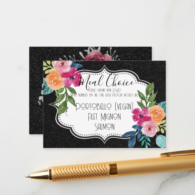 Black Glitter & Floral Rainbow Rose Bouquet Meal  Enclosure Card (Front/Back In Situ)