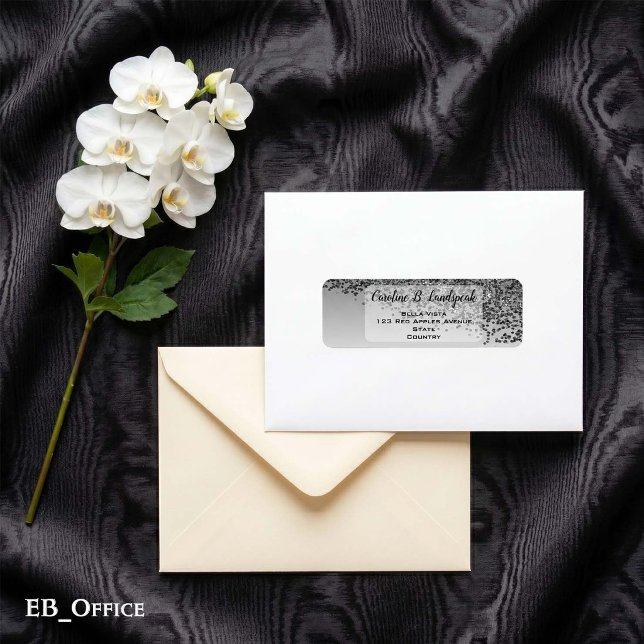 Black Glitter Frosted Elegant Return Address  Label (Black Glitter Labels: 
2.25” L x 0.75” W
•	30 labels per sheet
•	Sheet: 8.5” L x 11” W
)