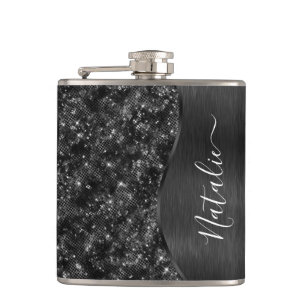 Black Glitter Glam Bling Personalized Metallic Hip Flask