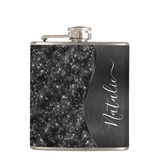 Black Glitter Glam Bling Personalized Metallic Hip Flask (Front)