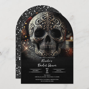 Black Glitter Glam Sparkle Skull Gothic Bridal Invitation