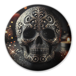 Black Glitter Glam Sparkle Skull Gothic Ceramic Knob