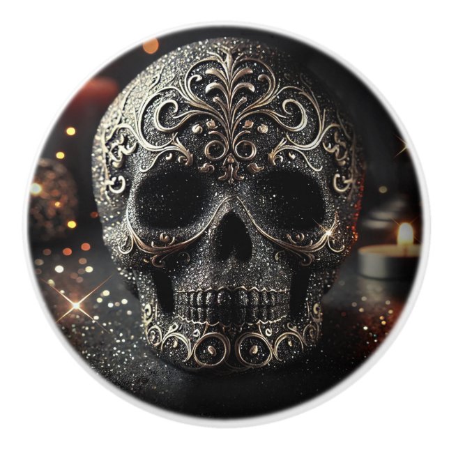 Black Glitter Glam Sparkle Skull Gothic  Ceramic Knob (Front)