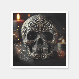 Black Glitter Glam Sparkle Skull Gothic Napkin