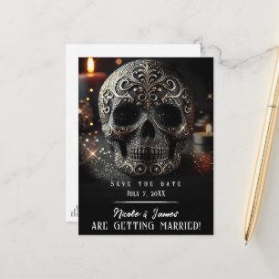 Black Glitter Glam Sparkle Skull Gothic Save Date Announcement Postcard
