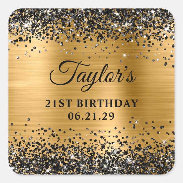 Black Glitter Gold Foil 21st Birthday Square Sticker (Front)
