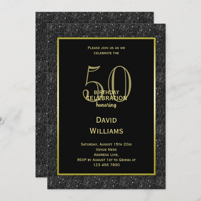 Black Glitter, Gold Framed Man's Birthday Invitation (Front/Back)
