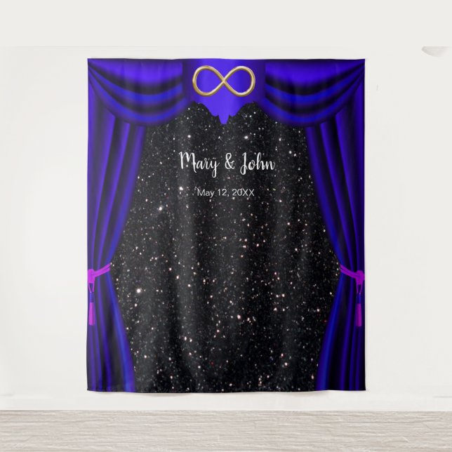 Black Glitter Gold Infinity Blue Curtain Backdrop Tapestry (Front)